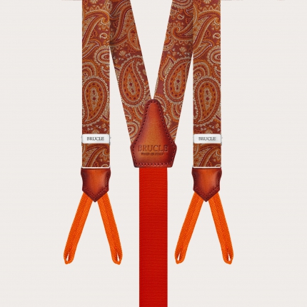 Men's Suspenders for Buttons with Orange-Marsala Paisley Pattern