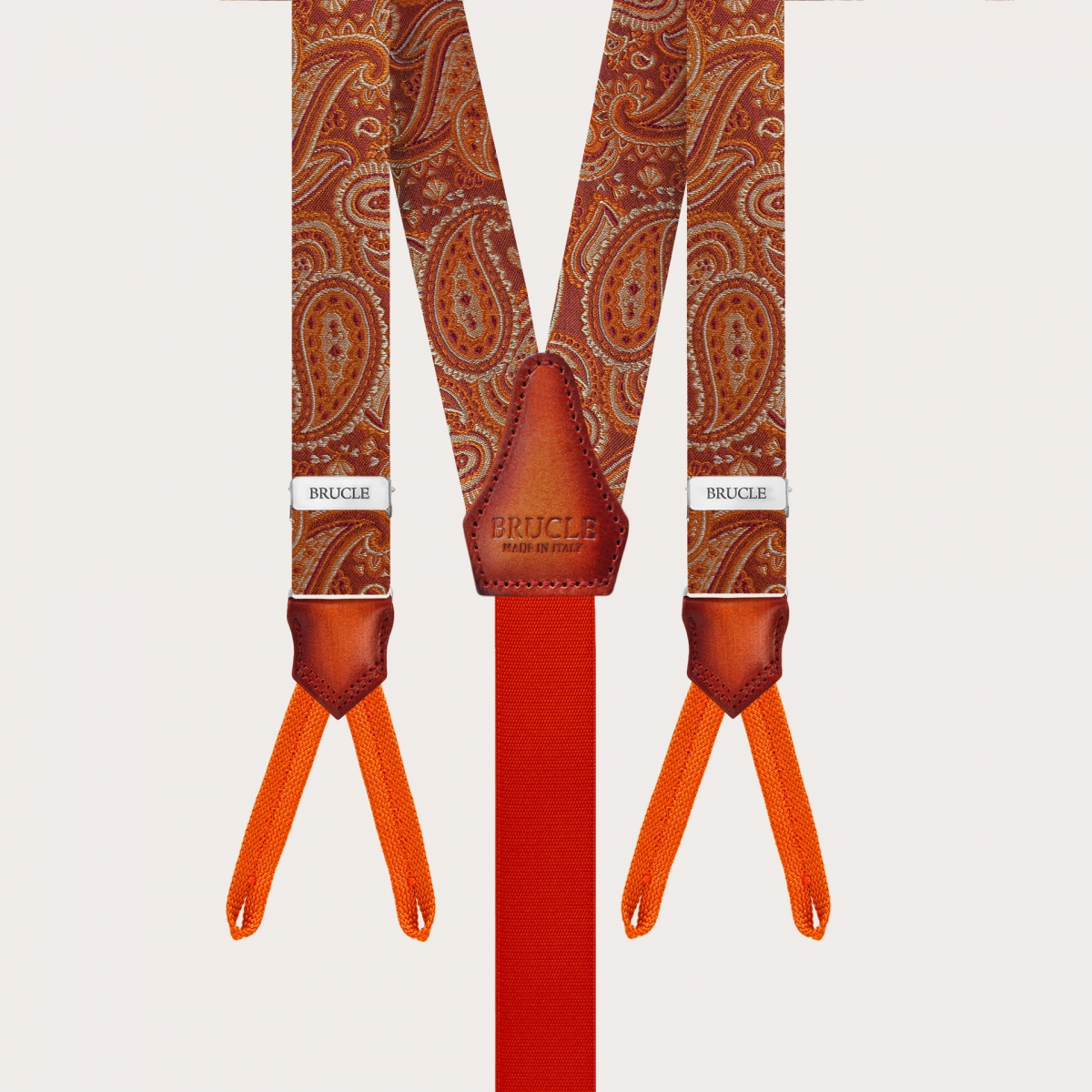 Herrenhosenträger für Knöpfe mit Orange-Marsala Paisley-Muster