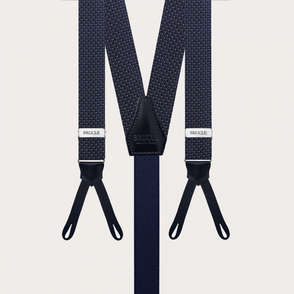 Men's narrow silk braces suspenders with blue pinhead pattern for buttons