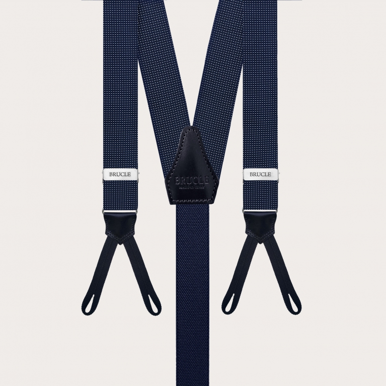 Exclusive men's blue suspenders in silk for buttons with micro-dot pattern