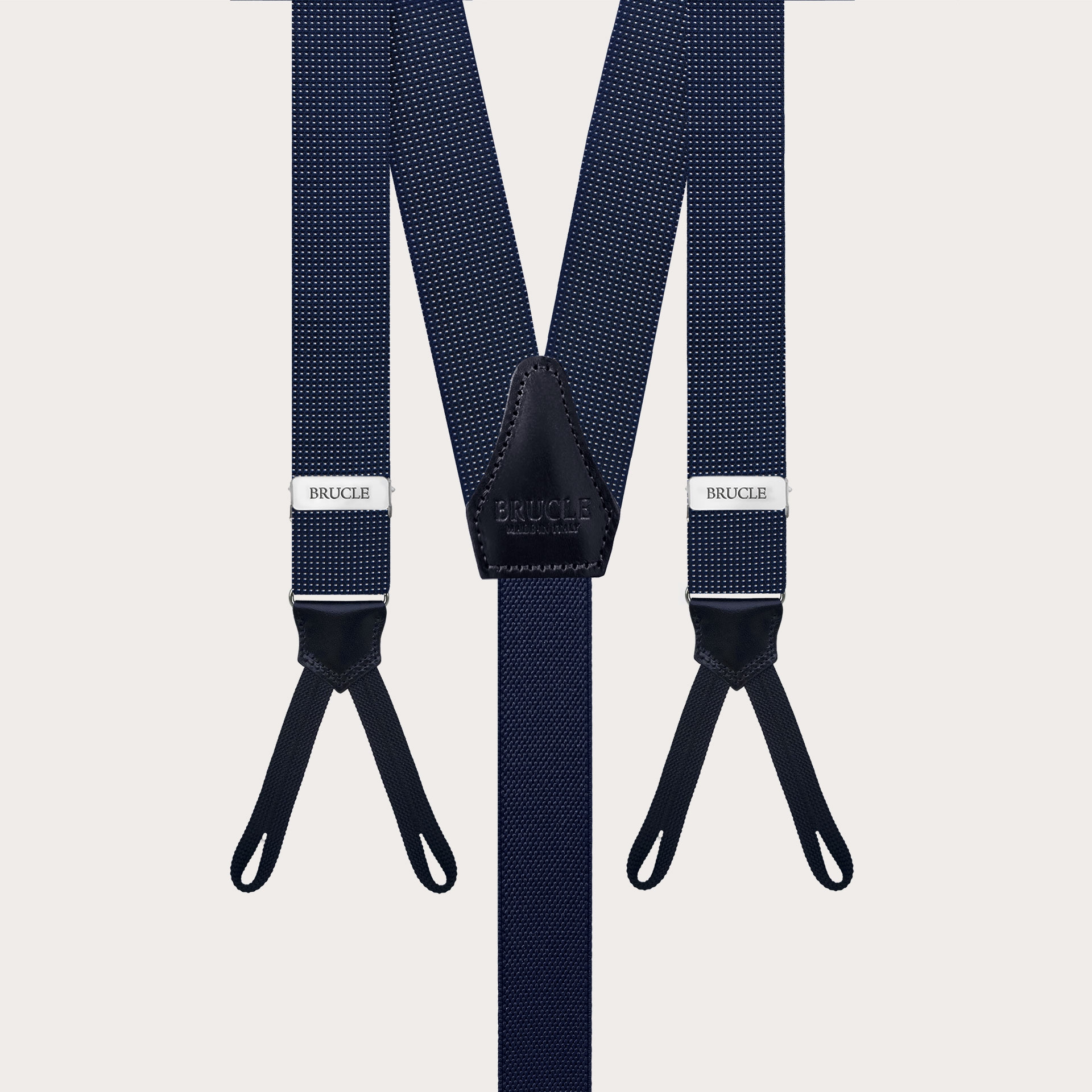 Exclusive men's blue suspenders in silk for buttons with micro-dot pattern