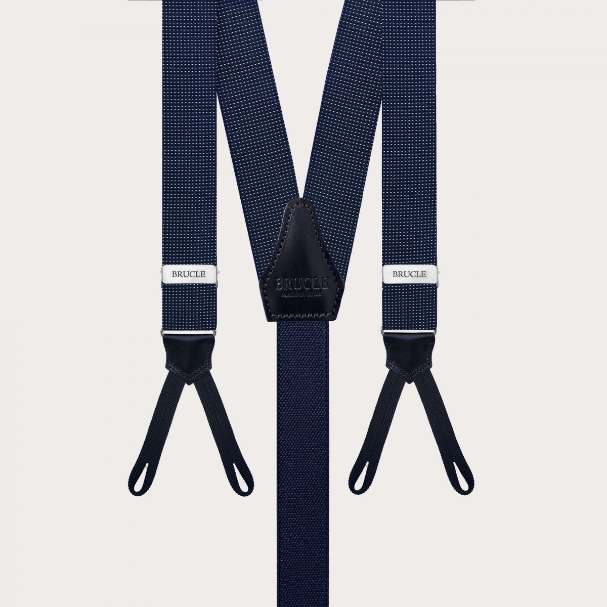Exclusive men's blue suspenders in silk for buttons with micro-dot pattern