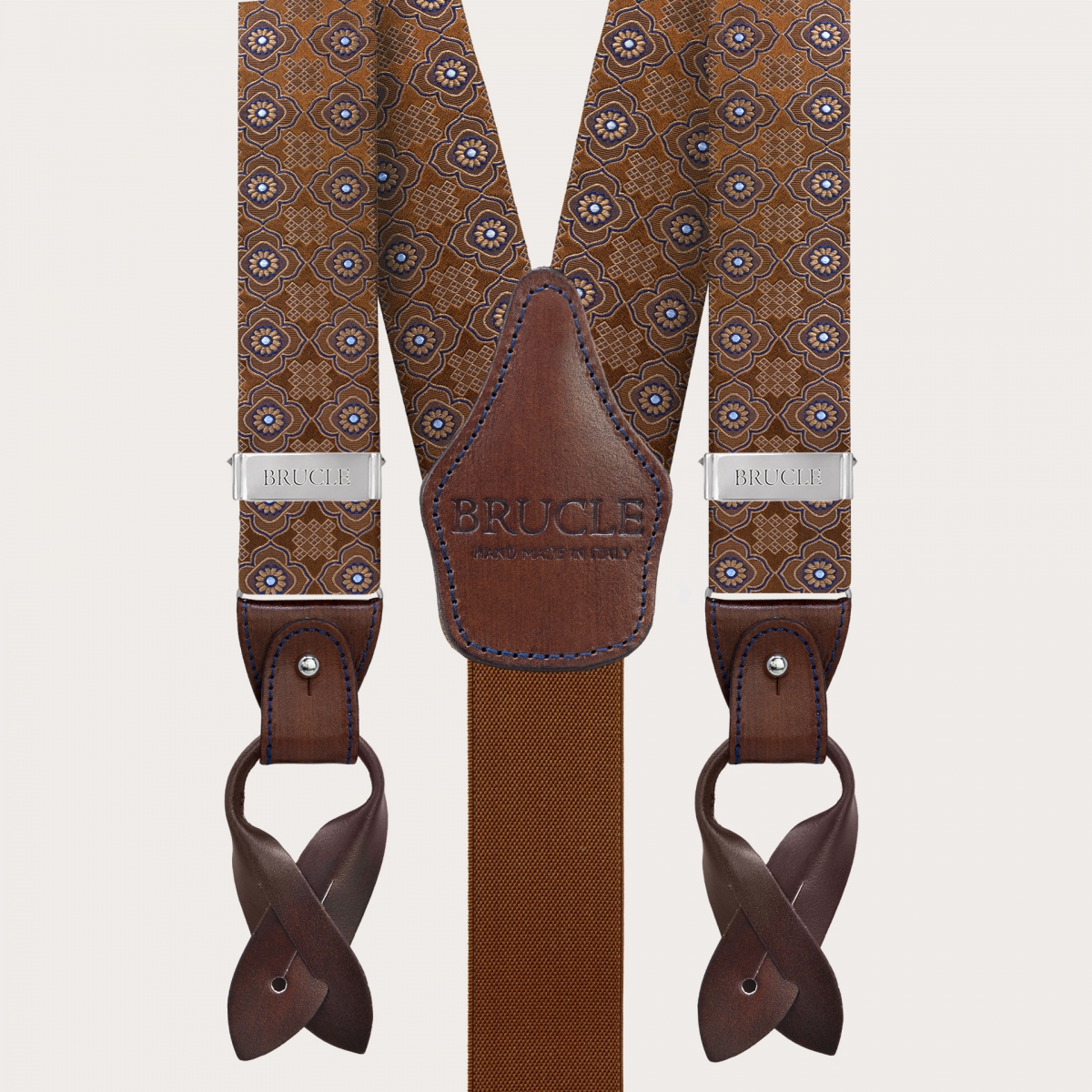 Sophisticated men's brown silk suspenders with a floral pattern
