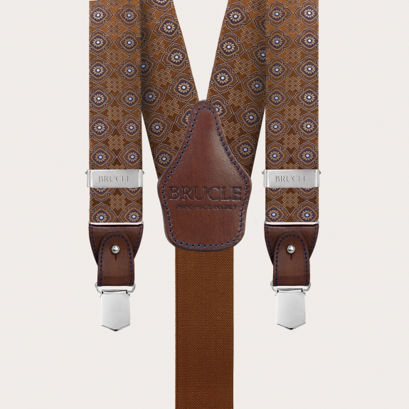 Sophisticated men's brown silk suspenders with a floral pattern