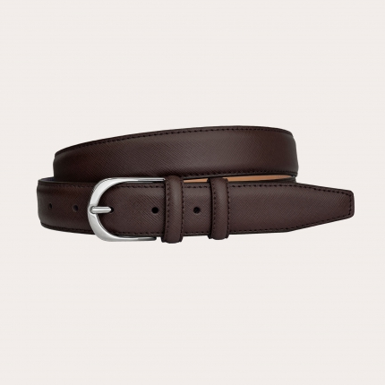 Dark brown belt in genuine leather saffiano