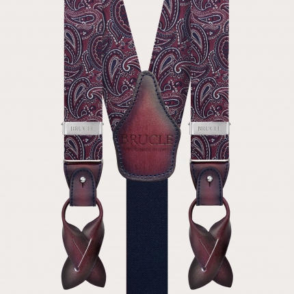 Elegant burgundy paisley silk suspenders with hand-shaded leather