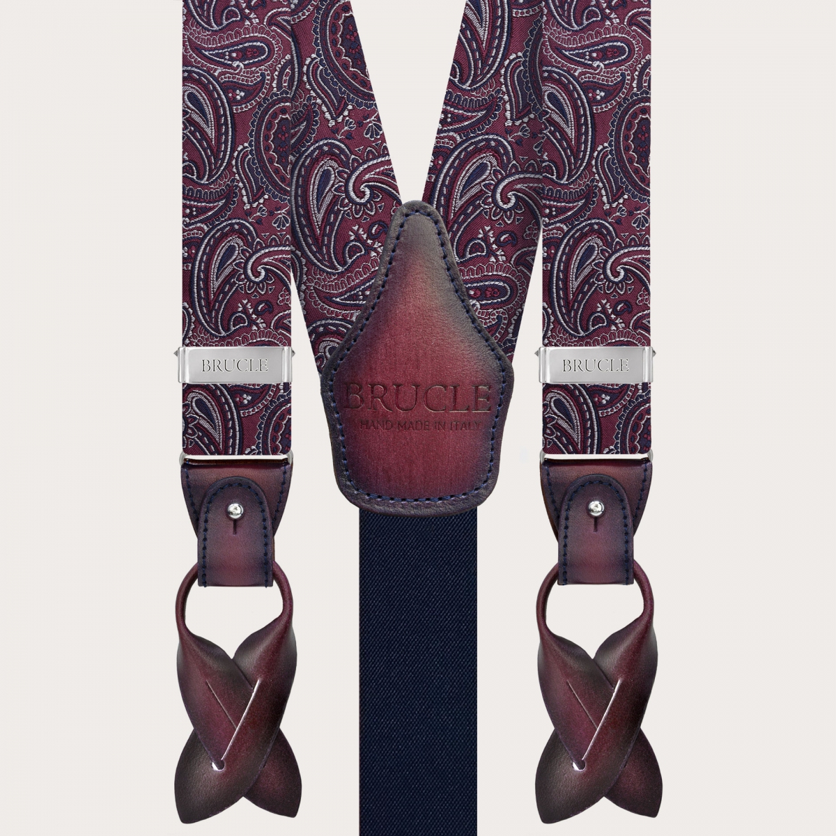 Elegante Hosenträger aus bordeauxroter Paisley-Seide mit handgeschöntem Leder