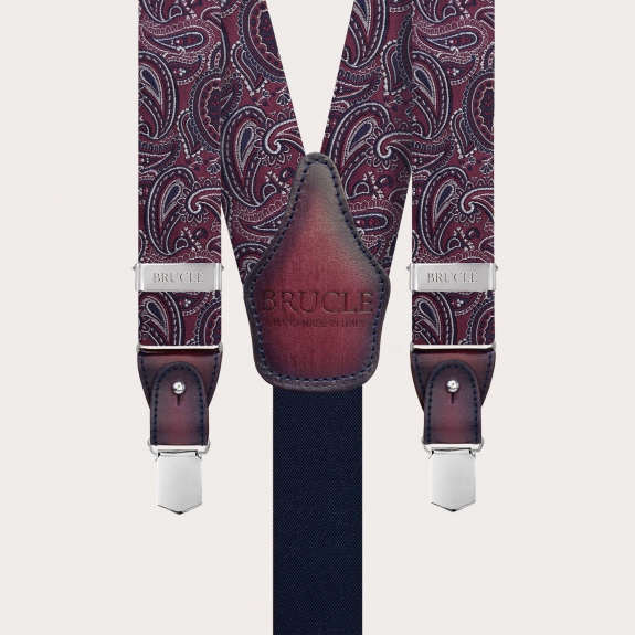 Elegant burgundy paisley silk suspenders with hand-shaded leather