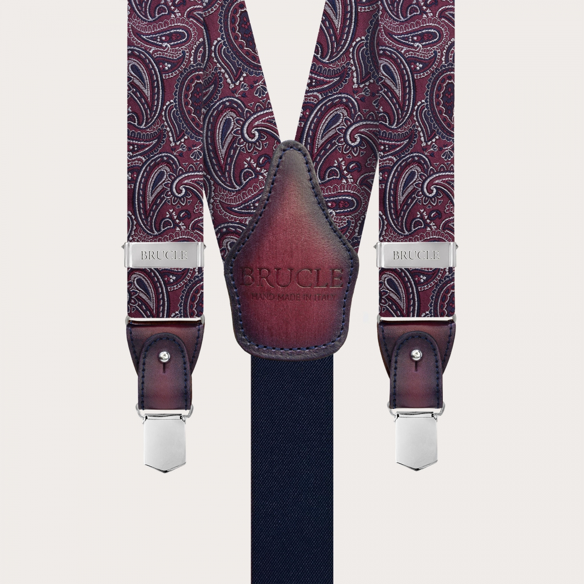 Elegante Hosenträger aus bordeauxroter Paisley-Seide mit handgeschöntem Leder
