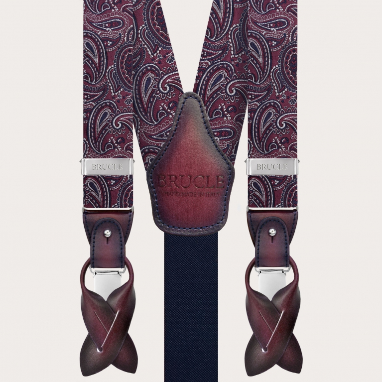 Elegant burgundy paisley silk suspenders with hand-shaded leather