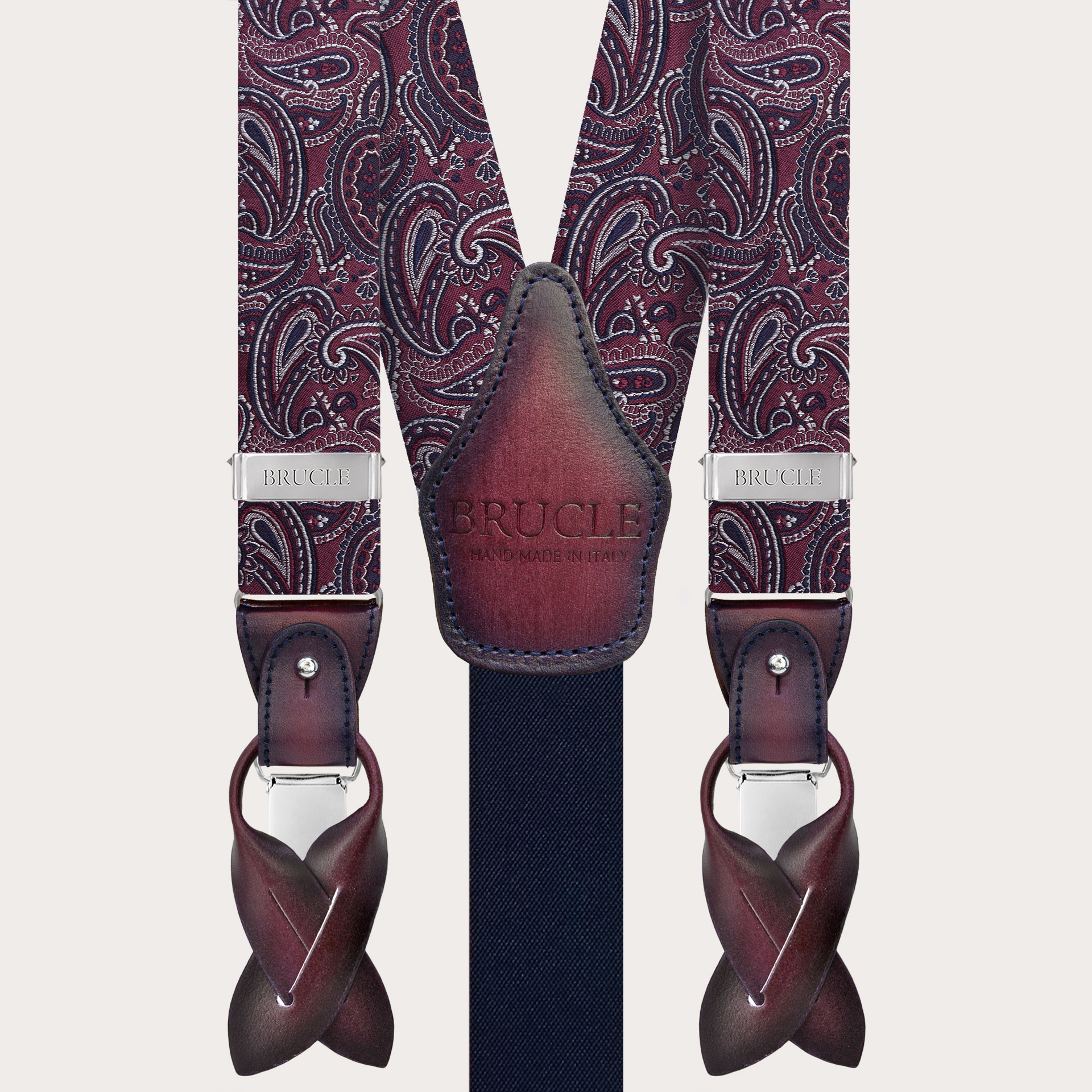 Elegante Hosenträger aus bordeauxroter Paisley-Seide mit handgeschöntem Leder