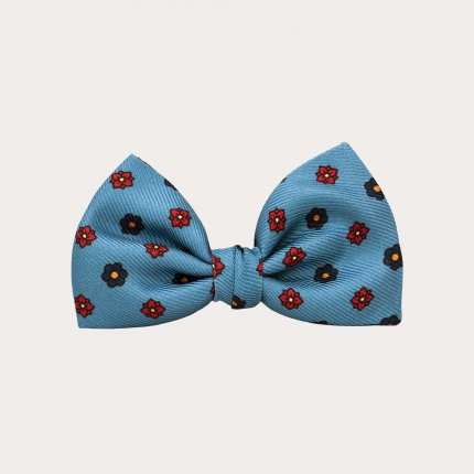 Silk bow tie in sky-blue with floral pattern