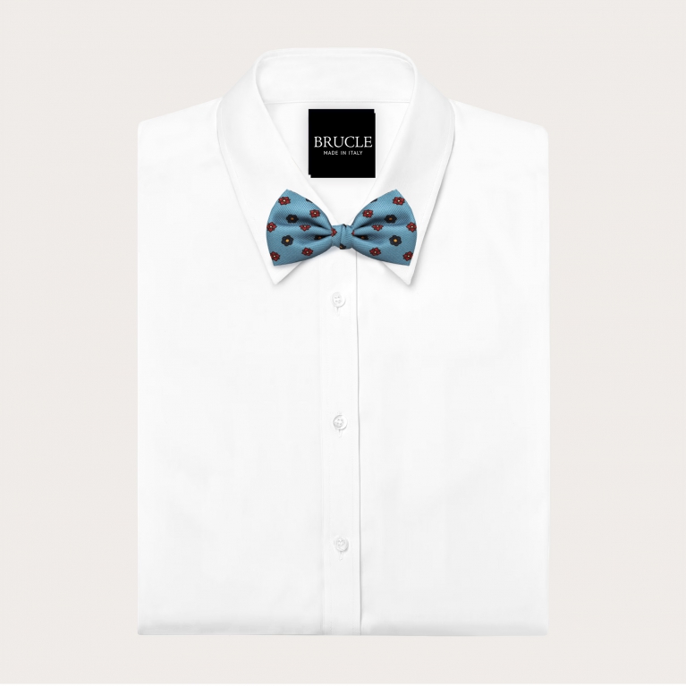 Silk bow tie in sky-blue with floral pattern