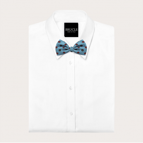 Silk bow tie in sky-blue with floral pattern