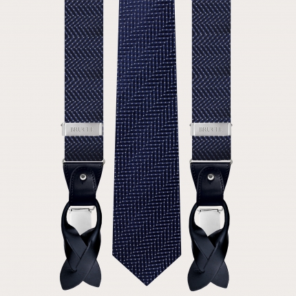 Coordinated set of suspenders and tie in blue pin dot silk