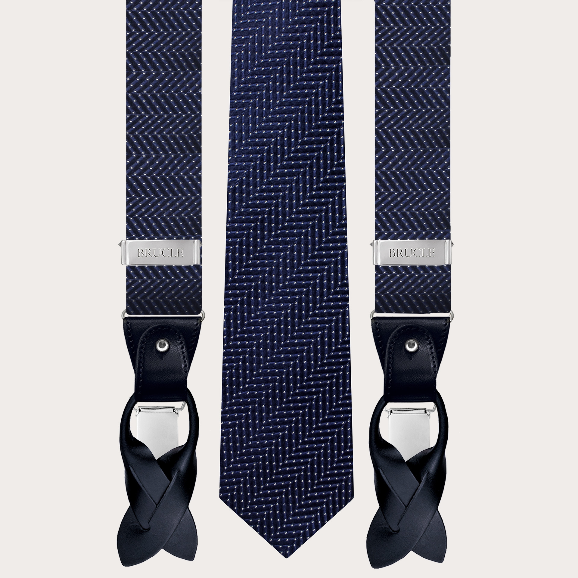 Conjunto coordinado de tirantes y corbata en seda azul de lunares