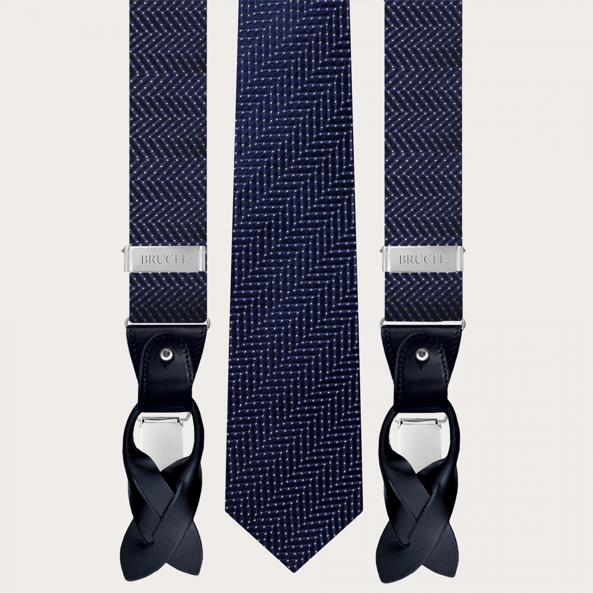 Set coordinato di bretelle e cravatta in seta blu puntaspillo