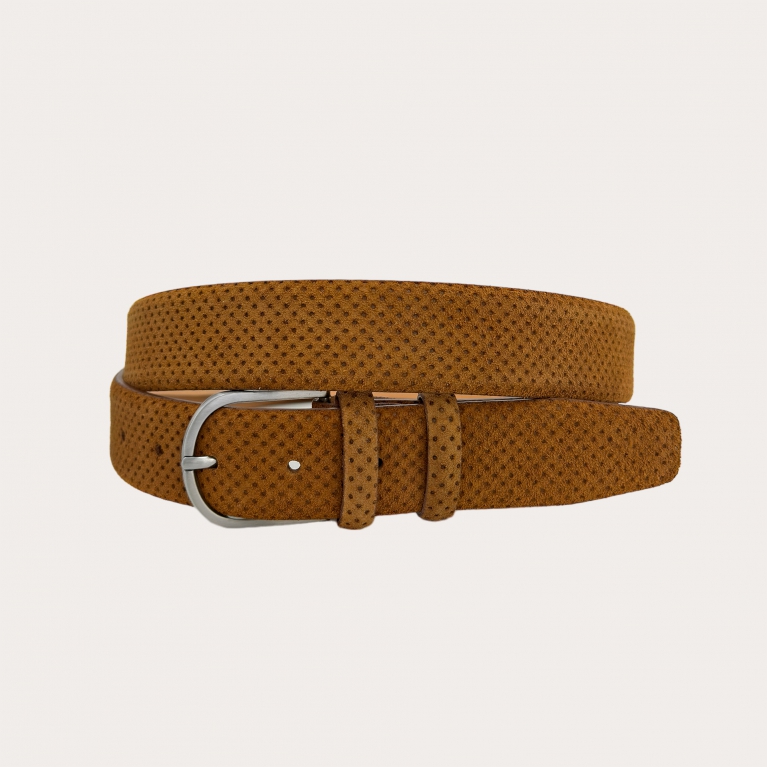 Cognac belt in drilled pattern suede leather