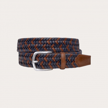 Cintura elastica intrecciata in cuoio, marrone e blu