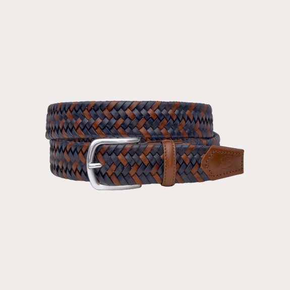 Cinturón de cuero trenzado, elástico, marrón y azul