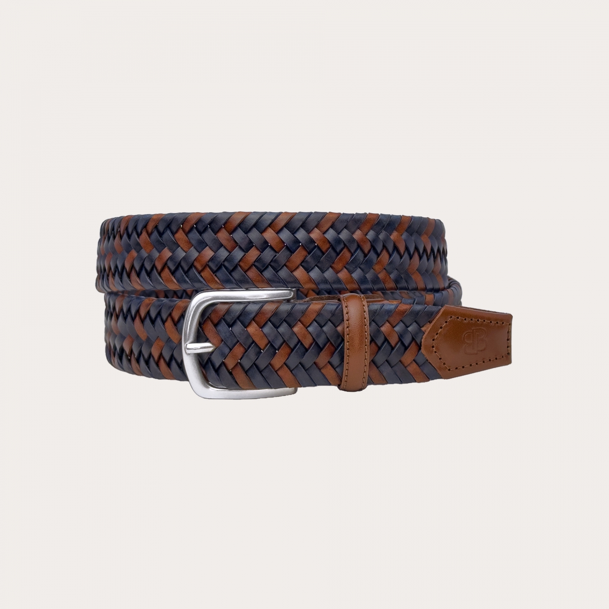 Cintura elastica intrecciata in cuoio, marrone e blu