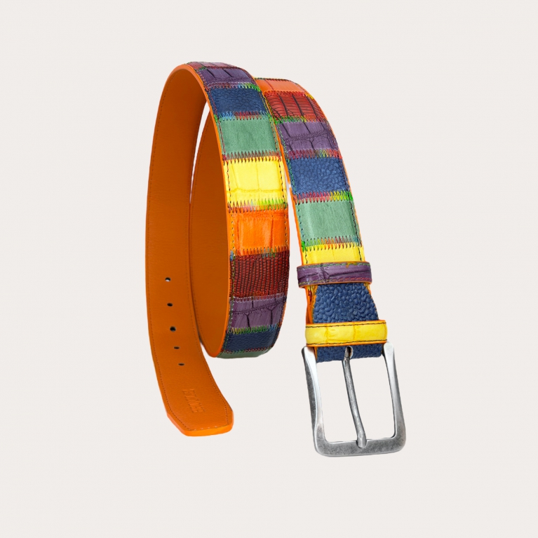 Multicolored rainbow patchwork belt in hand-colored leather