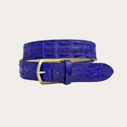 Exclusivo cinturón deportivo en espalda de cocodrilo azul real