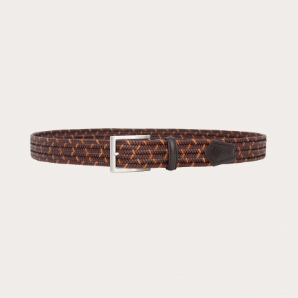 Woven elastic belt in regenerated leather with an exclusive two-tone pattern brown and cognac