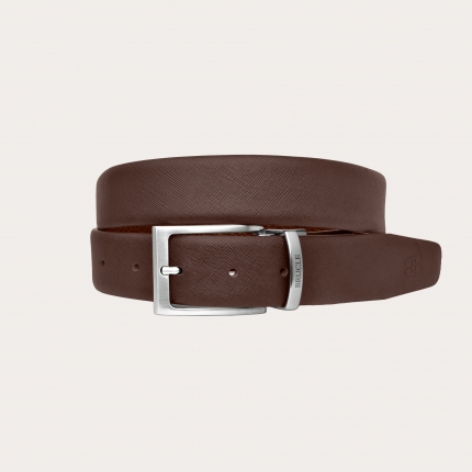 Reversible saffiano leather belt in dark brown and cognac nickel free