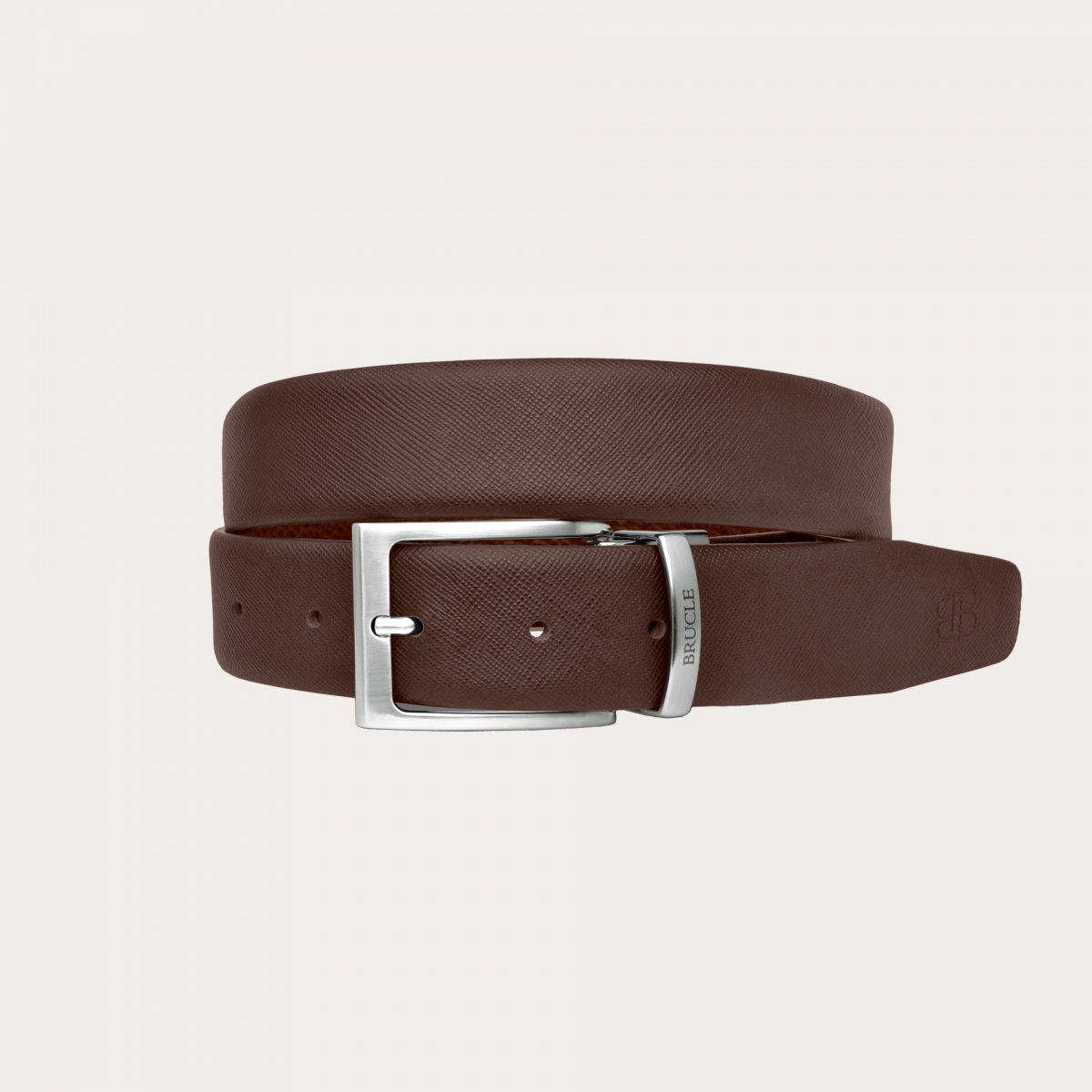 Ceinture réversible en cuir Saffiano marron foncé et cuir sans nickel