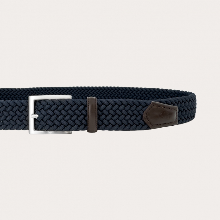 Cinturón elástico trenzado azul con cuero marrón oscuro