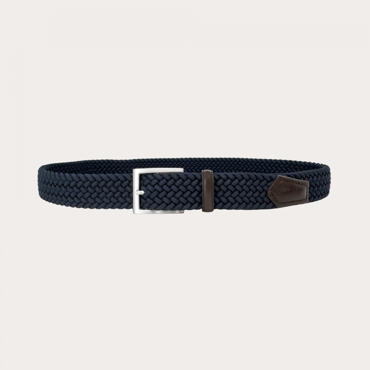 Cinturón elástico trenzado azul con cuero marrón oscuro