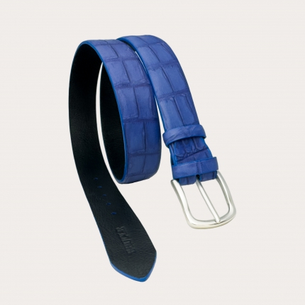 Cinturón artesanal azul real con estampado de cocodrilo pintado a mano