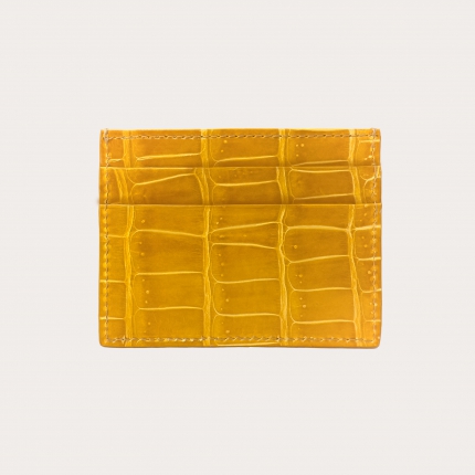 Porte carte de crédit jaune en cuir véritable crocodile