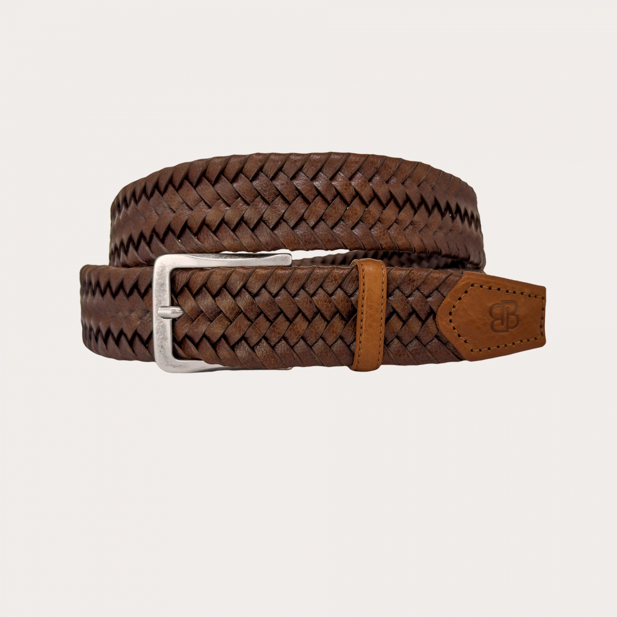 Cinturón trenzado en cuero granulado, marrón coñac