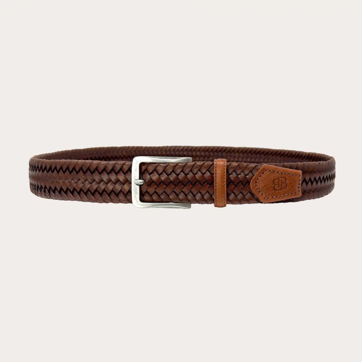 Woven belt in drummed leather, cognac brown