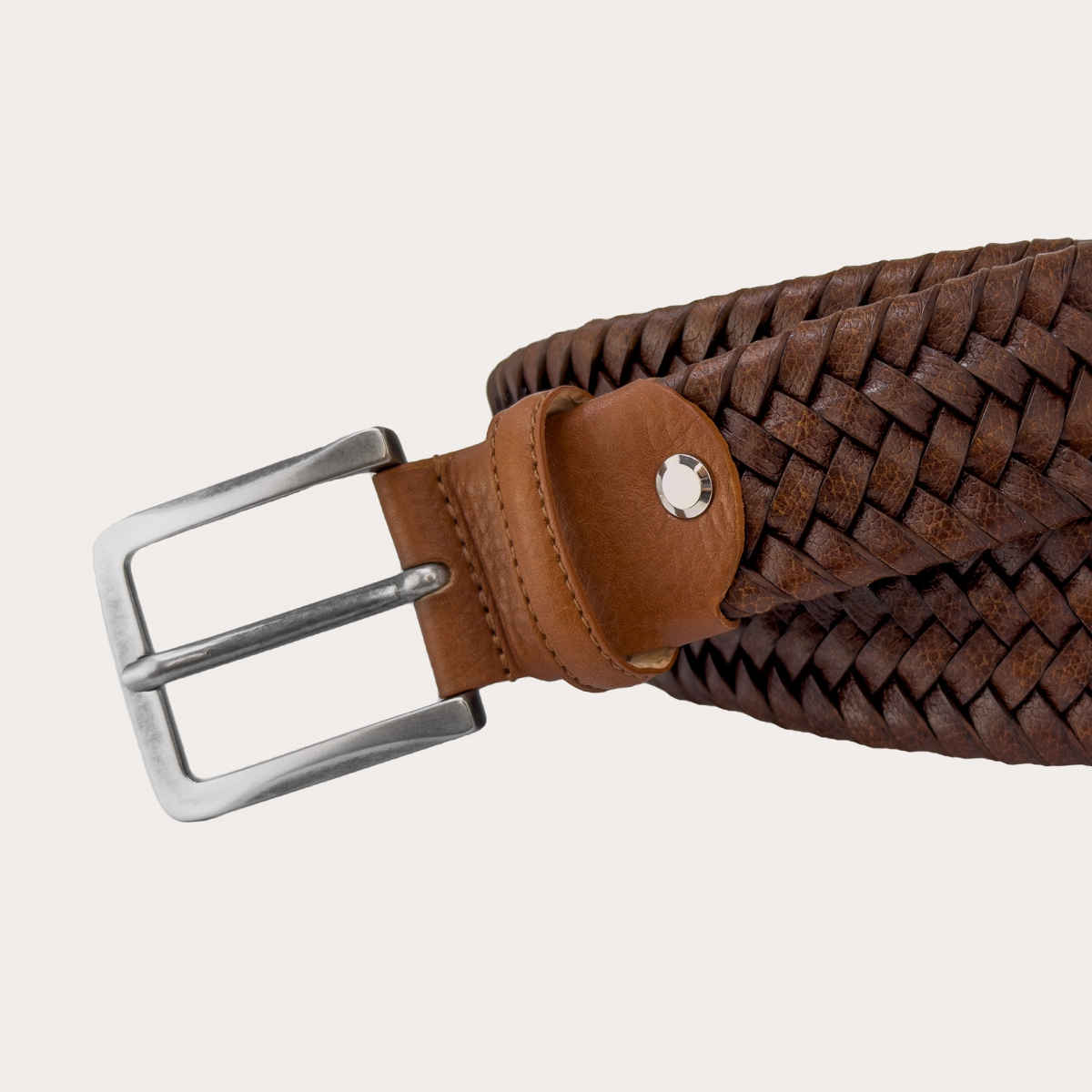 Woven belt in drummed leather, cognac brown