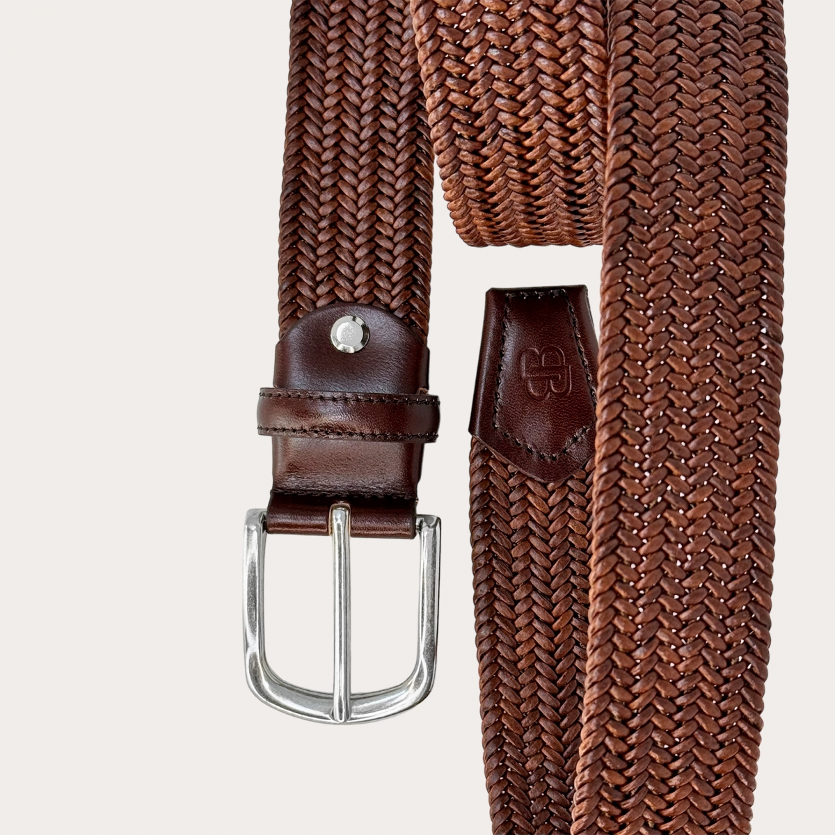 Elastic braided brown leather belt