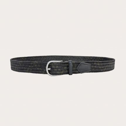 Elastic braided belt in two-tone green and black leather