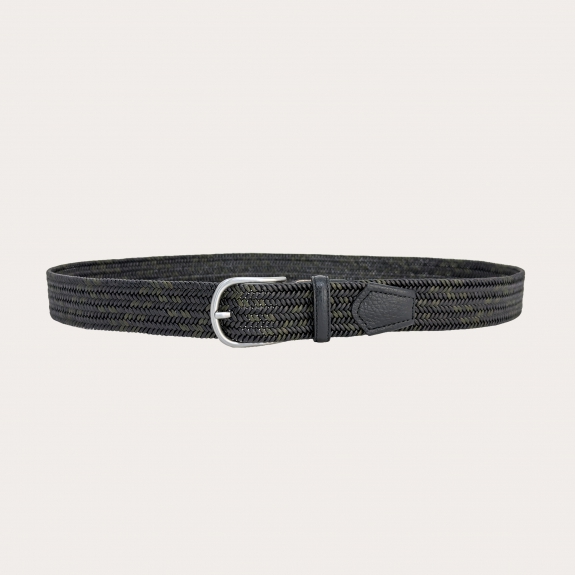 Elastic braided belt in two-tone green and black leather