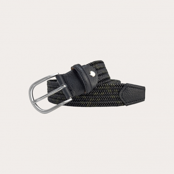 Cintura intrecciata elastica in pelle bicolore verde e nera