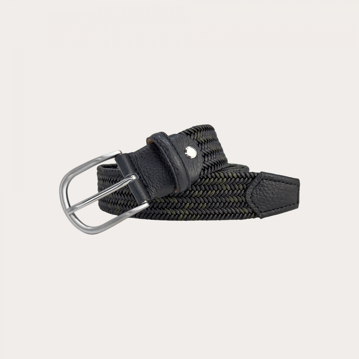 Elastic braided belt in two-tone green and black leather