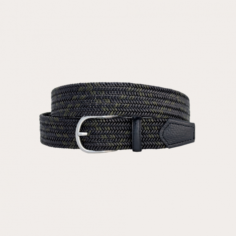 Elastic braided belt in two-tone green and black leather