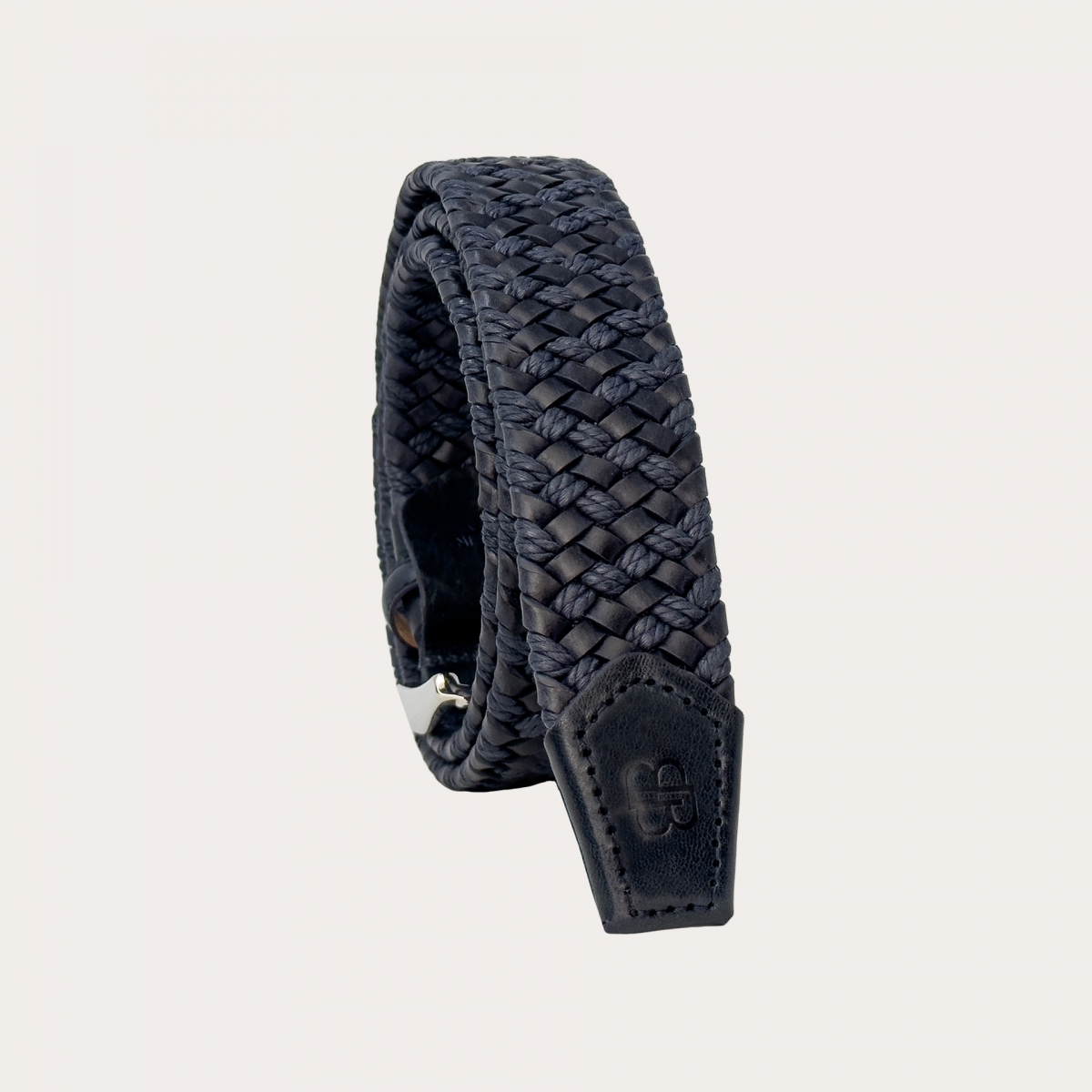 Blue elastic braided belt in leather and cotton