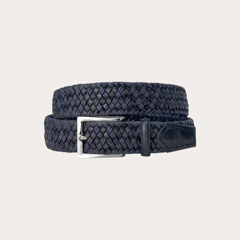 Blue elastic braided belt in leather and cotton