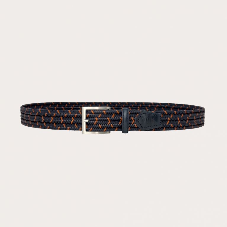 Blue and cognac braided elastic belt in regenerated leather