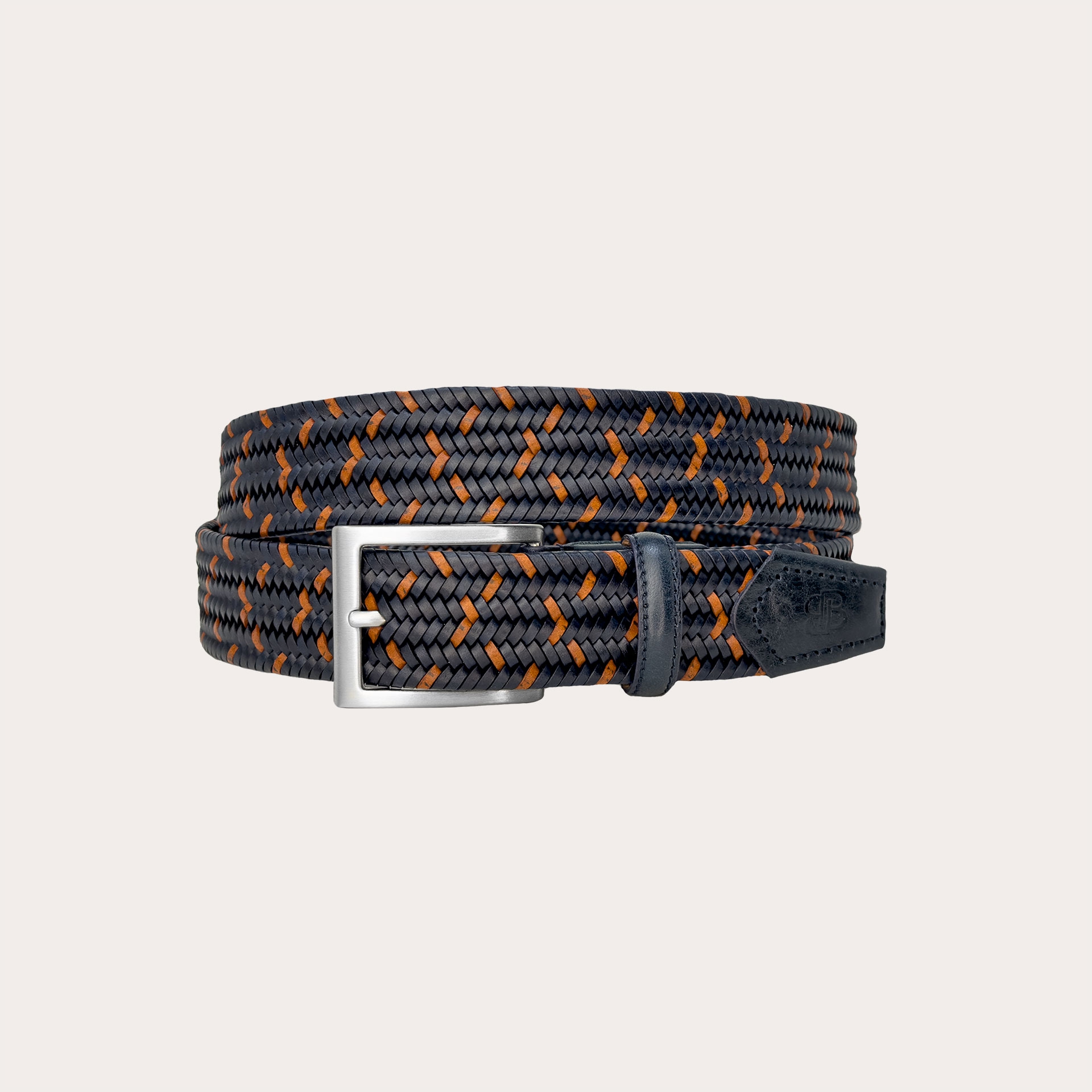 Blue and cognac braided elastic belt in regenerated leather