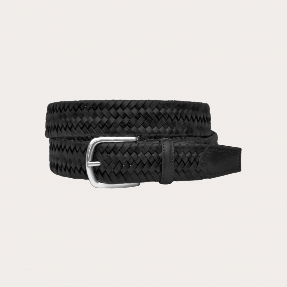 Black braided elastic leather belt, nickel-free
