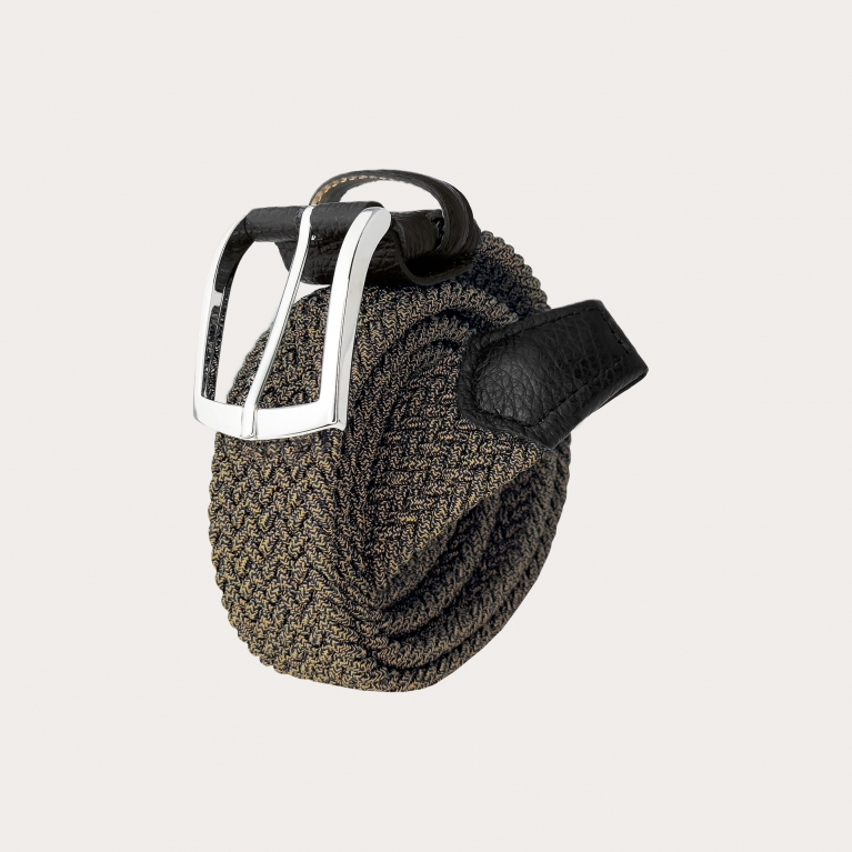 Cintura elastica intrecciata nera e beige melange con fibbia nichel free