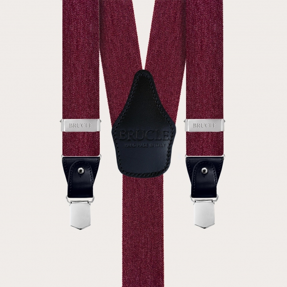 Bordeauxfarbene elastische Hosenträger im Jeans-Look, zur Verwendung mit Knöpfen oder Clips